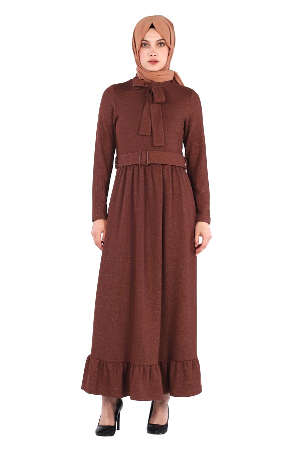 Flar Simli Altı Fırfırlı Elbise Kahverengi