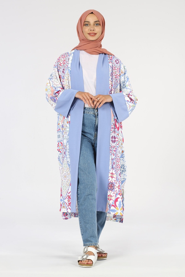 Renkli Blok Kimono İndigo